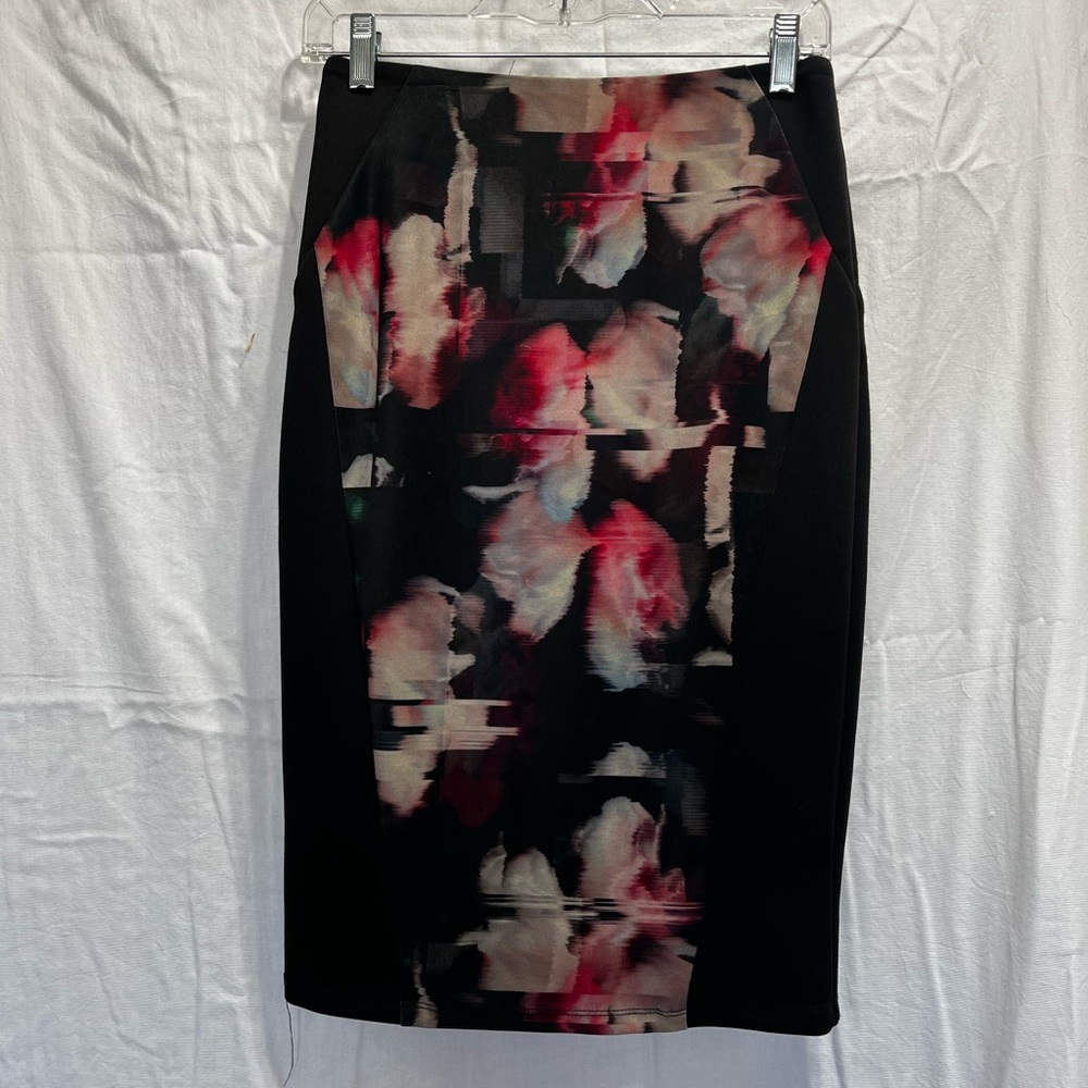 Black Pencil Skirt with Abstract Floral Panel